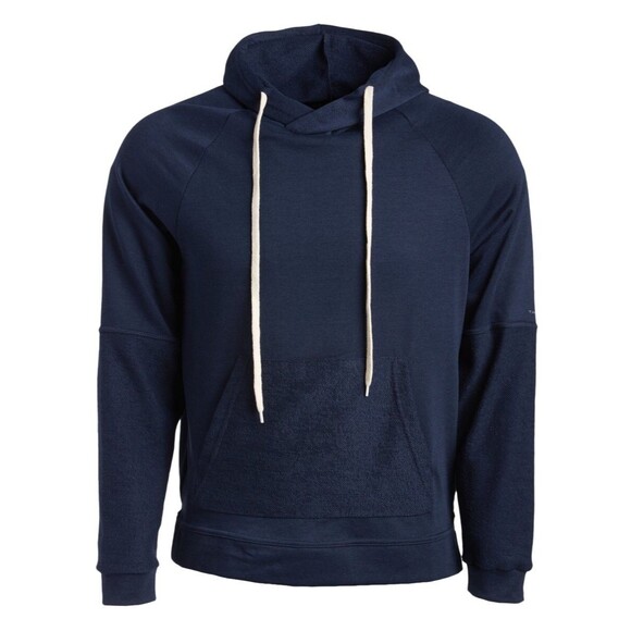 Tahari Sz M Sport Reverse Panel Hoodie Navy Blue Pullover Pocket Dratwstring NWT - Picture 2 of 16